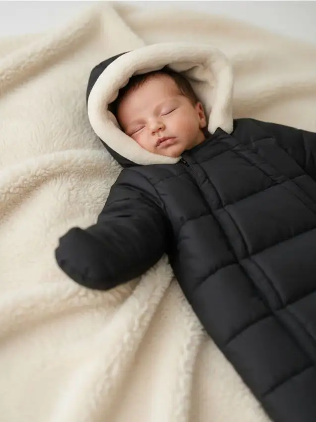 Sacco nanna per neonati con pile e cappuccio rifinito in ecopelliccia - nero