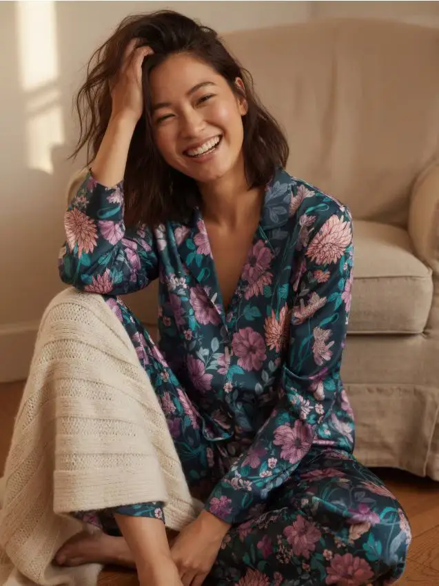 Satenasta pižama cvetličnim vzorcem - turchese scuro
