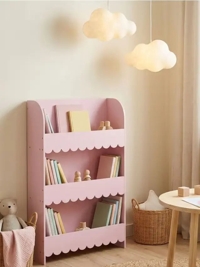 Scaffale autoportante a 3 livelli con bordo ondulato - rosa pastello