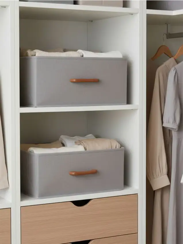 Scatola portaoggetti pieghevole con manico in legno - grigio chiaro