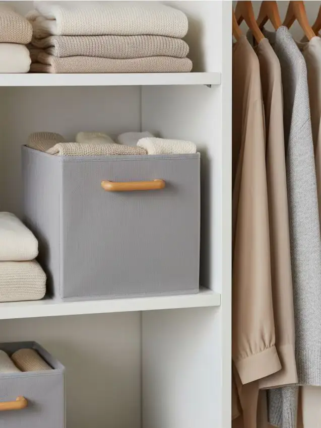 Scatola portaoggetti pieghevole con manico in legno - grigio chiaro