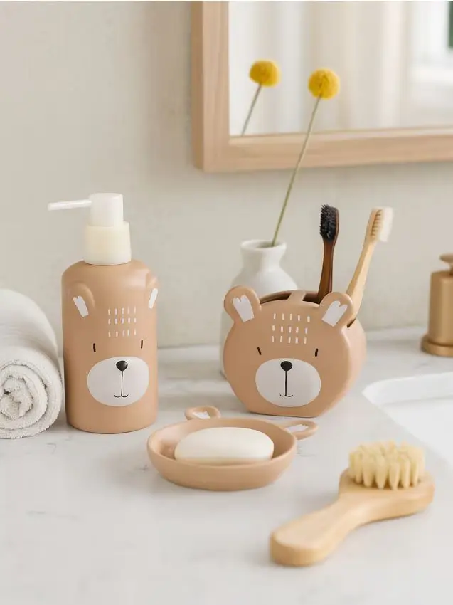 Set da bagno portasapone, dosatore per sapone e portaspazzolini - marrone