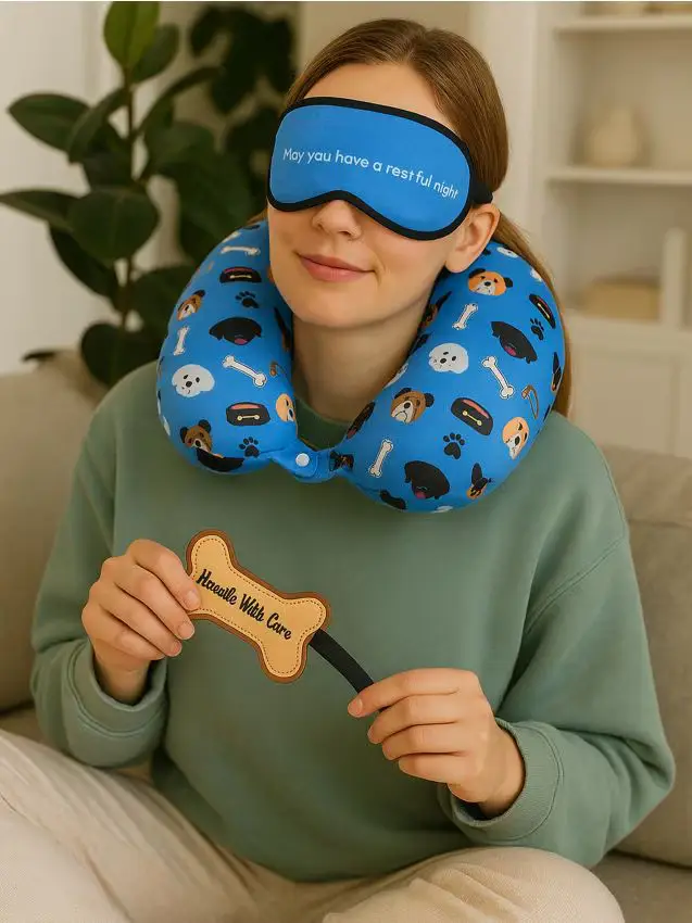 Set da viaggio cuscino, mascherina per occhi e targhetta con nome - azzurro