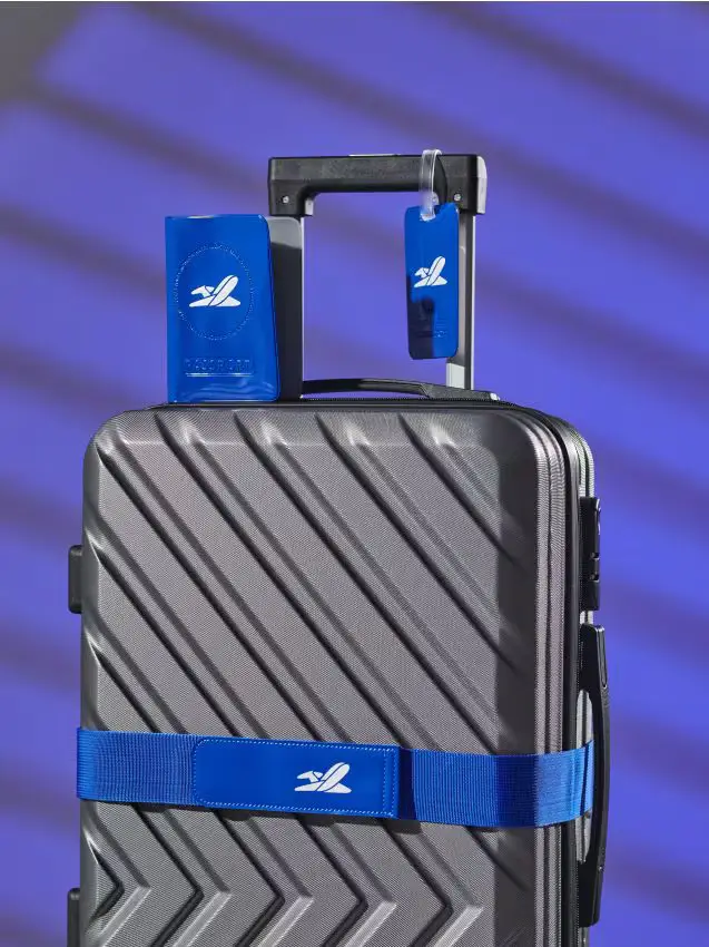 Set da viaggio etichetta bagaglio, cintura e porta passaporto - blu scuro