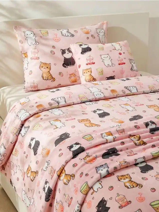 Set di biancheria da letto con motivo di gatto - rosa