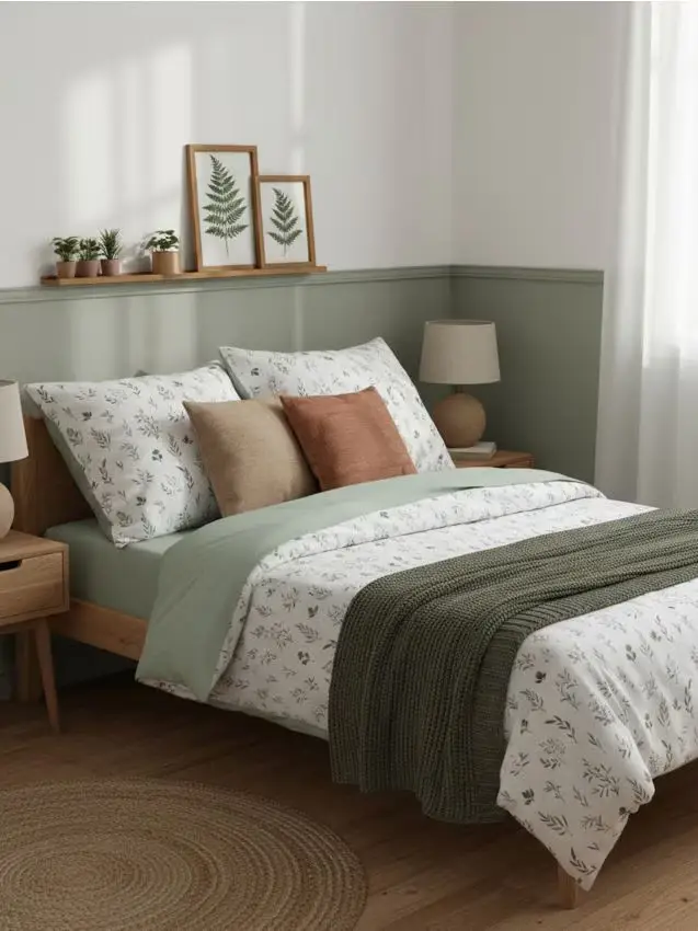 Set di biancheria da letto double face con motivo vegetale - verde pallido