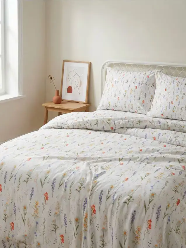 Set di biancheria da letto in cotone con fiori - panna