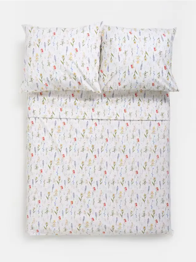 Set di biancheria da letto in cotone con fiori - panna