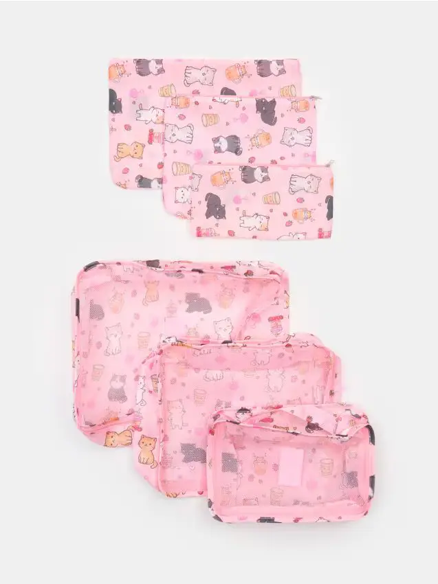Set di organizer per valigia con motivo di gatti - 6 pezzi - rosa