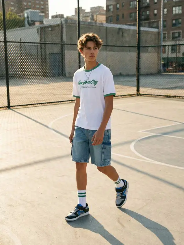 Shorts cargo in denim con vita elasticizzata - blu