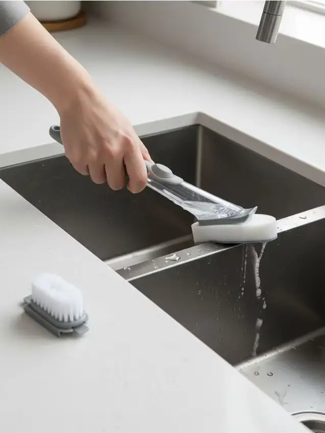 Spazzola per la pulizia con dispenser di liquido e due testine - grigio chiaro