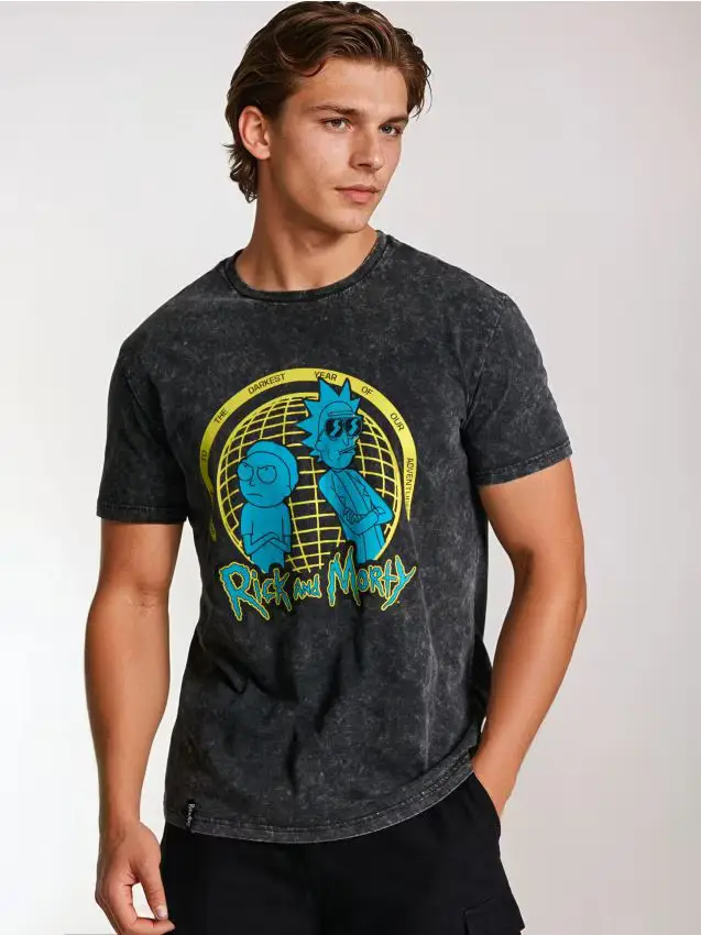 T-shirt in cotone con effetto slavato Rick and Morty - nero