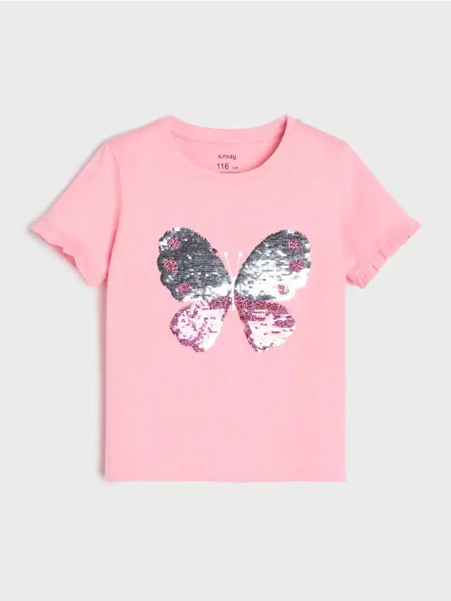 T-shirt in cotone con farfalla di paillettes - rosa