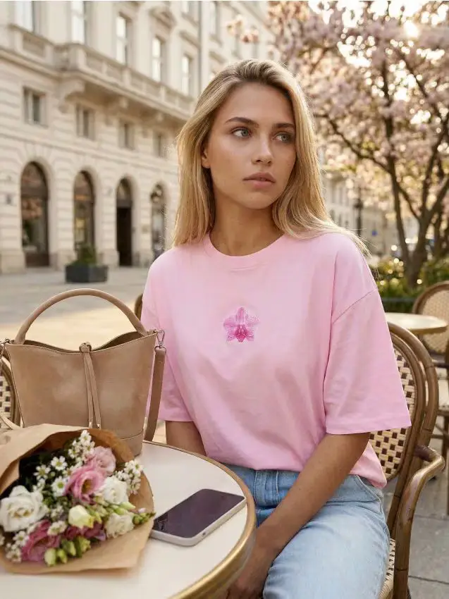 T-shirt in cotone con motivo floreale - rosa pastello