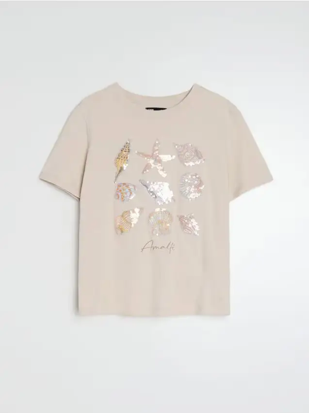 T-shirt in cotone con paillettes decorative - nude