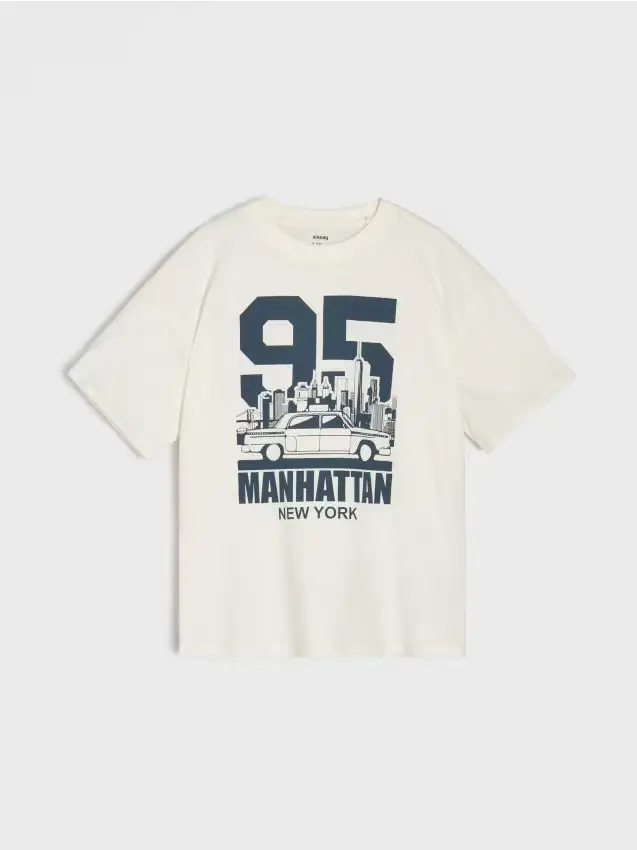 T-shirt in cotone con scritta Manhattan - panna