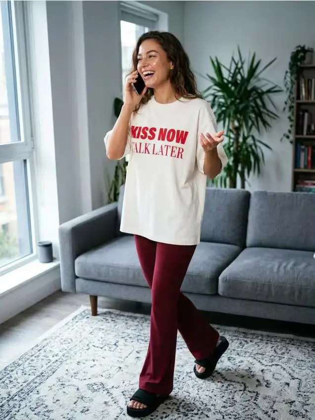 T-shirt in cotone con scritta - panna