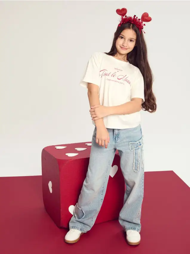 T-shirt in cotone con scritta - panna