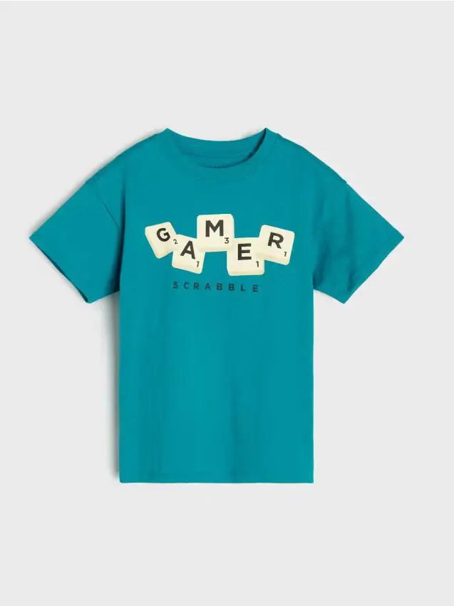 T-shirt in cotone con scritta Scrabble - blu