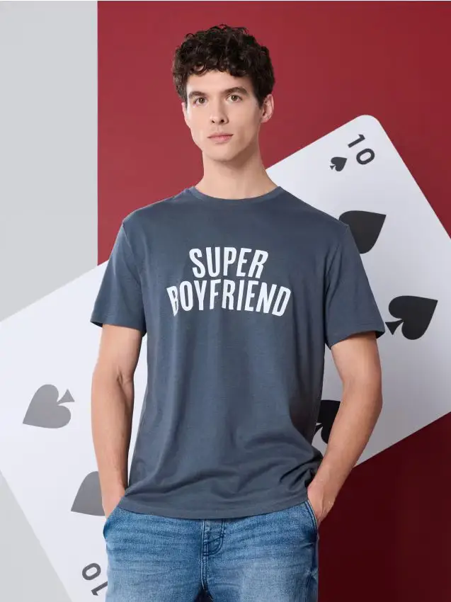 T-shirt in cotone con scritta - steel blue