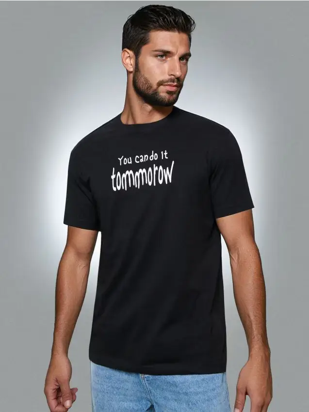 T-shirt in cotone con scritta You Can Do It Tommorow - nero