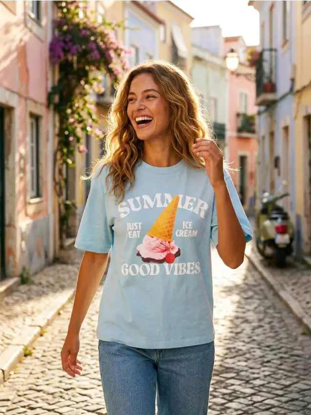 T-shirt in cotone con stampa - blu pallido