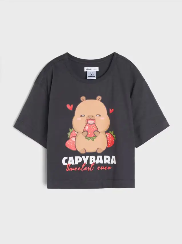 T-shirt in cotone con stampa capibara - grigio scuro