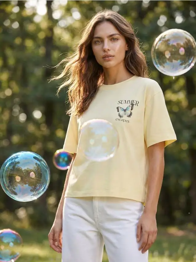 T-shirt in cotone con stampa di farfalle - giallo chiaro