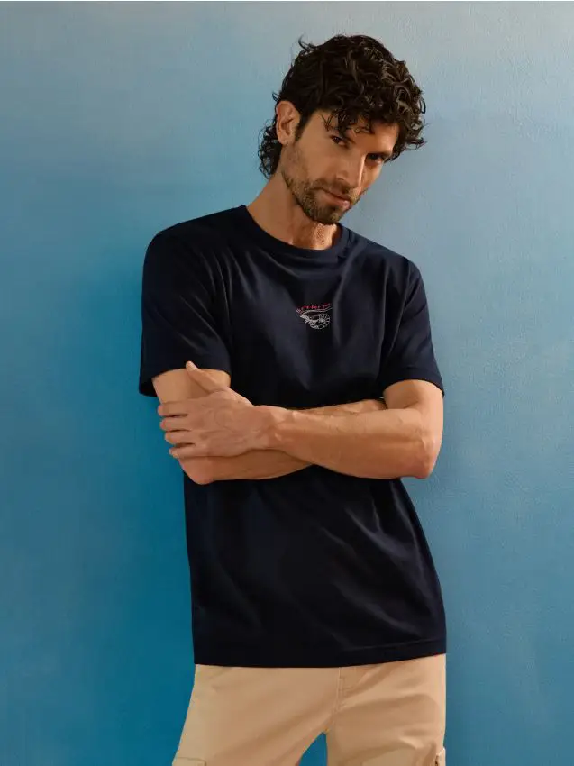 T-shirt in cotone con stampa di gambero - blu scuro