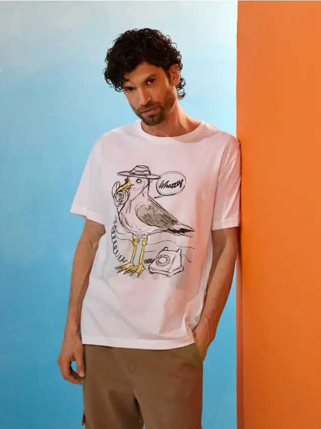 T-shirt in cotone con stampa di uccello - bianco