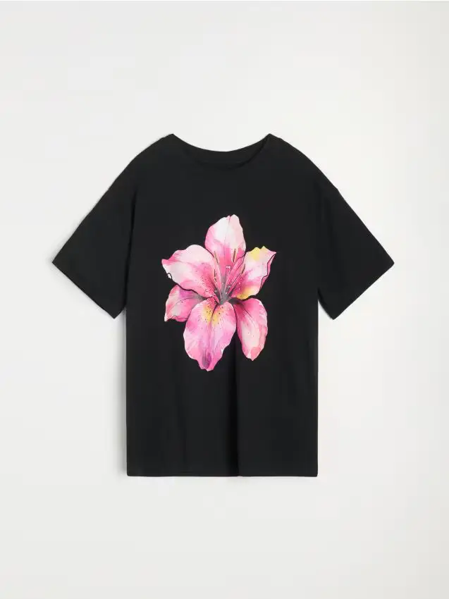 T-shirt in cotone con stampa floreale - nero
