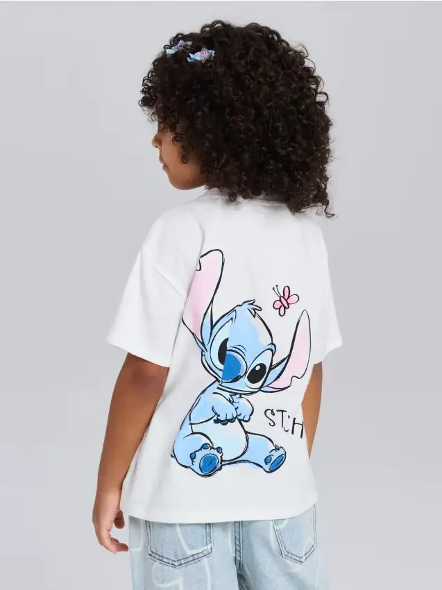 T-shirt in cotone con stampa Lilo & Stitch - panna