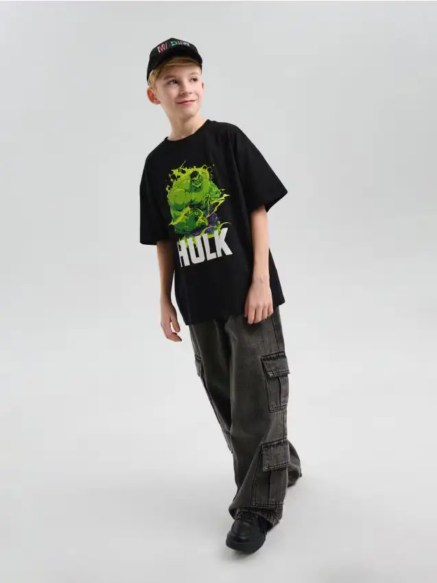 T-shirt in cotone con stampa Marvel Hulk - nero