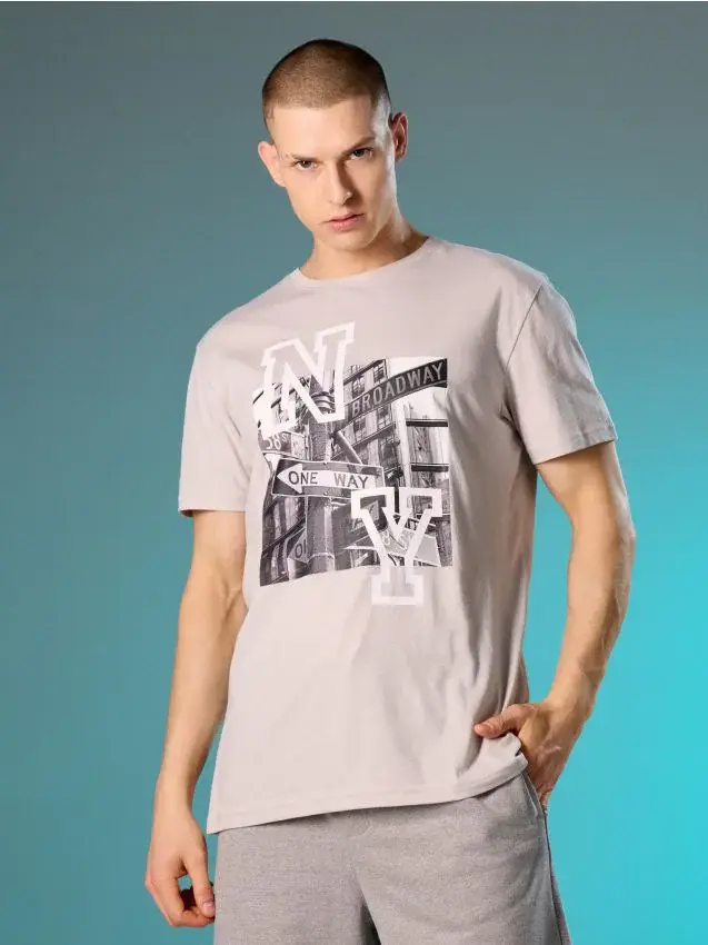 T-shirt in cotone con stampa New York - nude