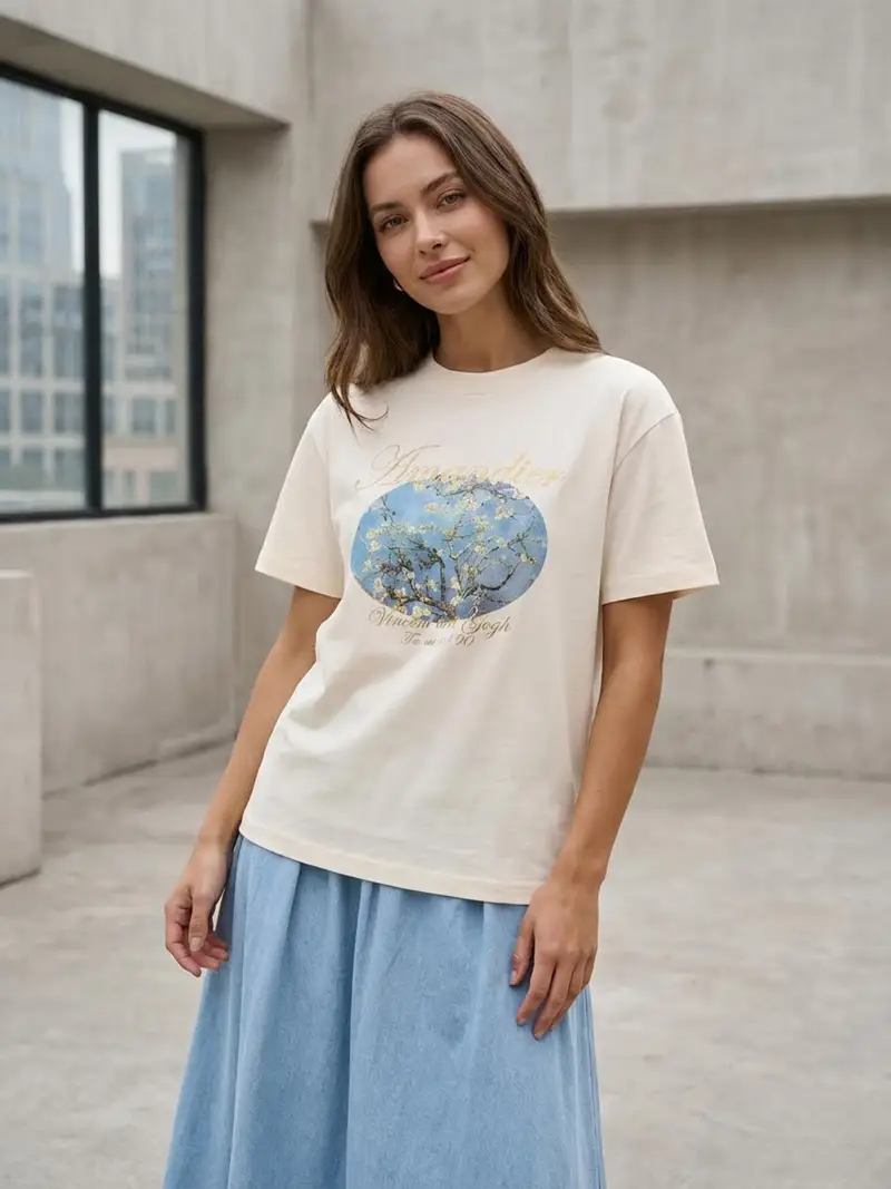 T-shirt in cotone con stampa - panna miniatura 3