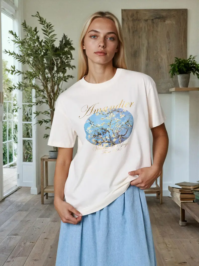 T-shirt in cotone con stampa - panna miniatura 5