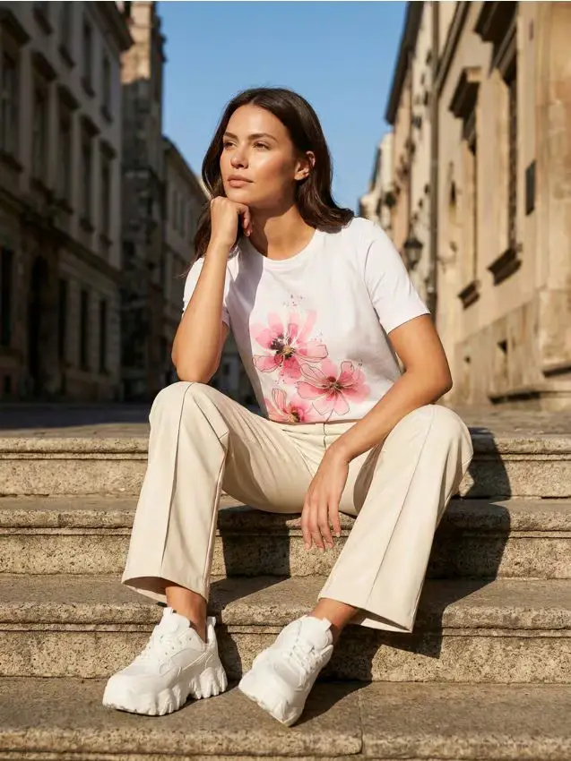 T-shirt in cotone con stampa - panna