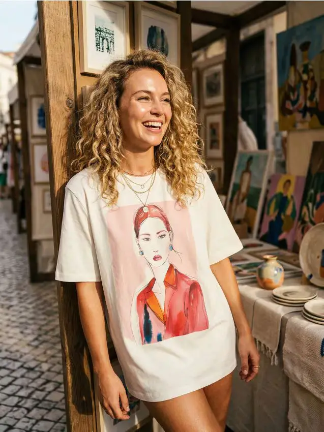 T-shirt in cotone con stampa - panna