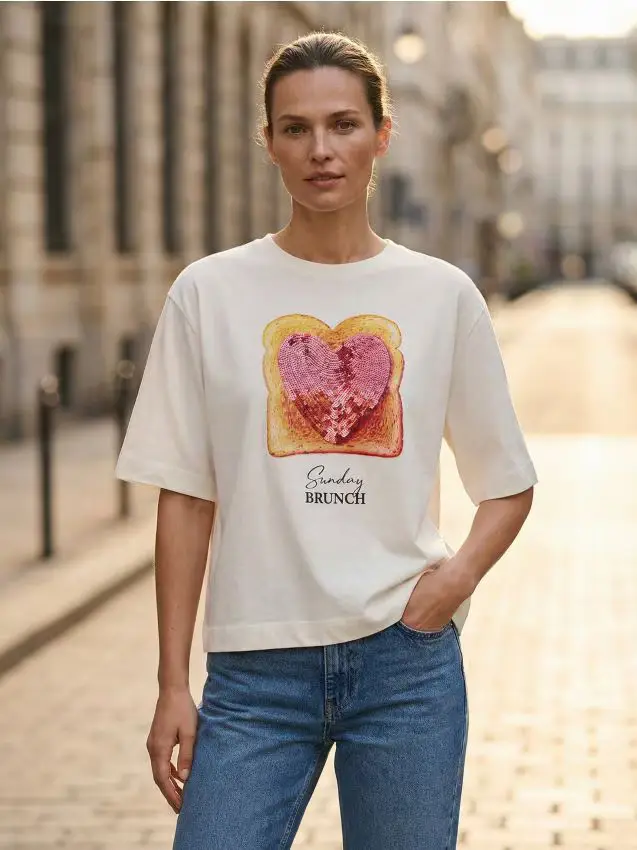 T-shirt in cotone con stampa - panna