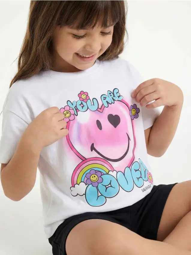 T-shirt in cotone con stampa Smiley - bianco