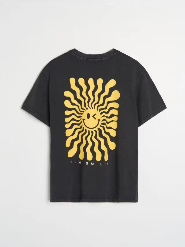 T-shirt in cotone con stampa Smiley - viola acciaio