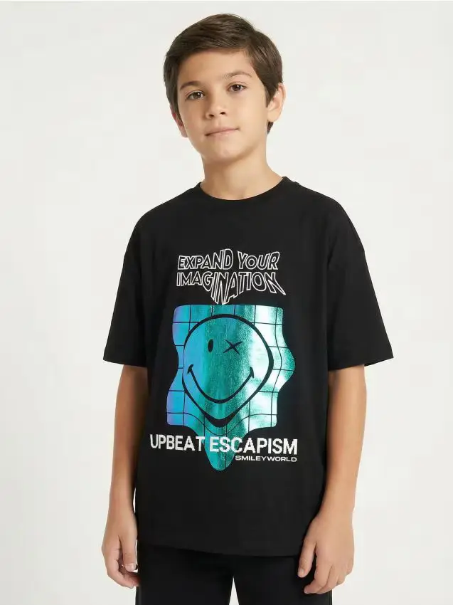 T-shirt in cotone con stampa SmileyWorld® - nero