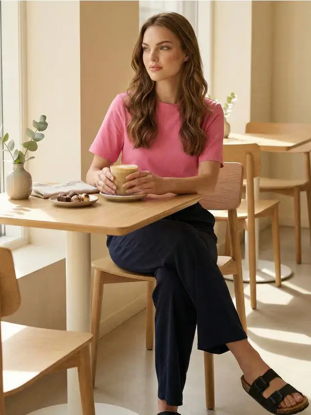 T-shirt in cotone con tessitura interlock compatta - ibisco