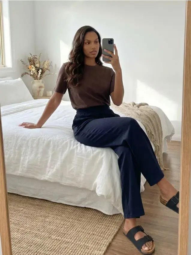 T-shirt in cotone con tessitura interlock compatta - marrone