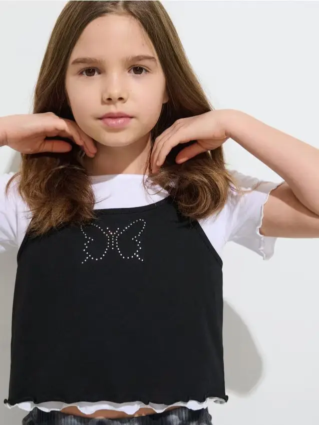 T-shirt in cotone con volant decorativi - multicolor