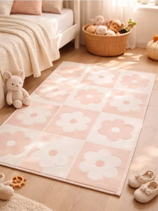 Tappeto a scacchiera con motivo floreale - rosa