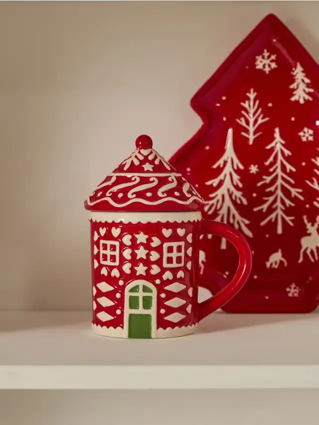 Tazza con coperchio a tema natalizio - rosso