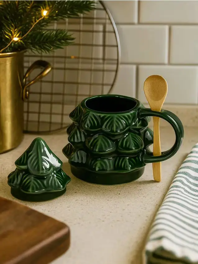 Tazza con motivo natalizio e cucchiaino - verde
