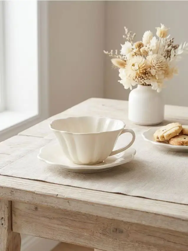 Tazza e piattino in ceramica dalla forma ondulata e floreale - bianco