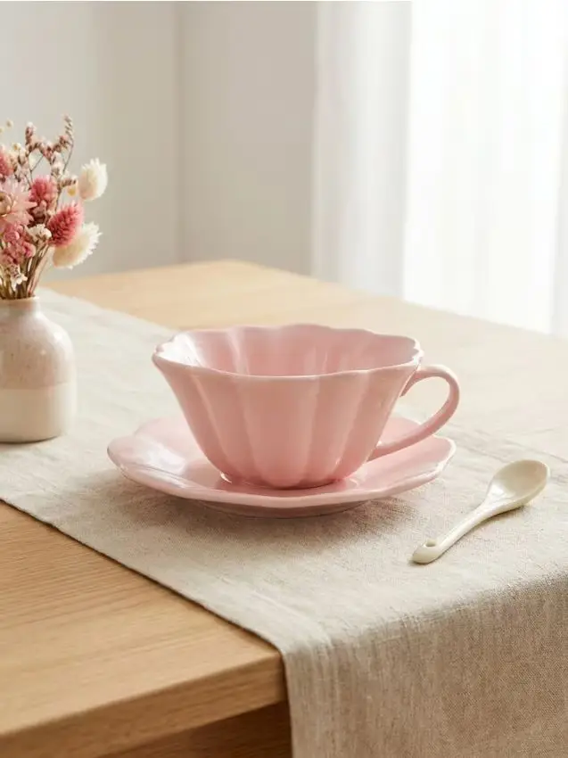 Tazza e piattino in ceramica dalla forma ondulata e floreale - rosa pastello